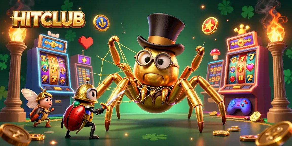 Join the adventure at HITCLUB with golden tarantula and beetle knight in a vibrant casino scene.