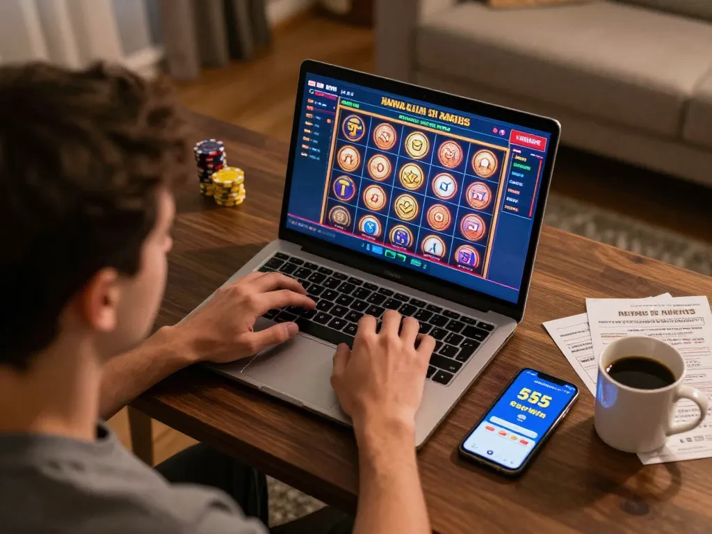 Engaging with the 555win online gaming platform while strategizing betting moves in a cozy setting