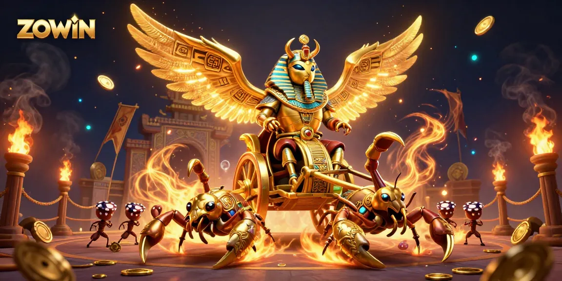 ZOWIN features a dynamic casino scene with beetles, scorpions, and poker chips, showcasing excitement.