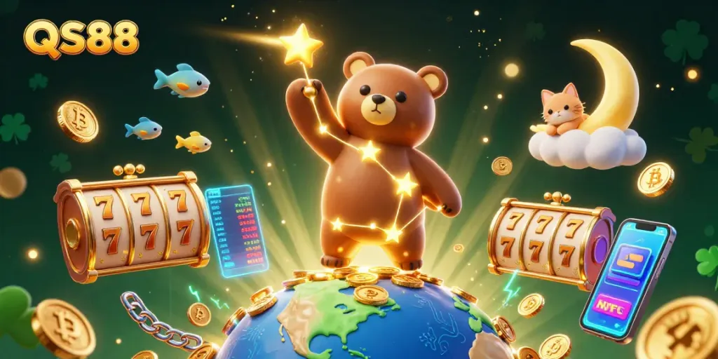 Experience thrilling winnings at QS88 with vibrant symbol-rich slot reels and cosmic characters!