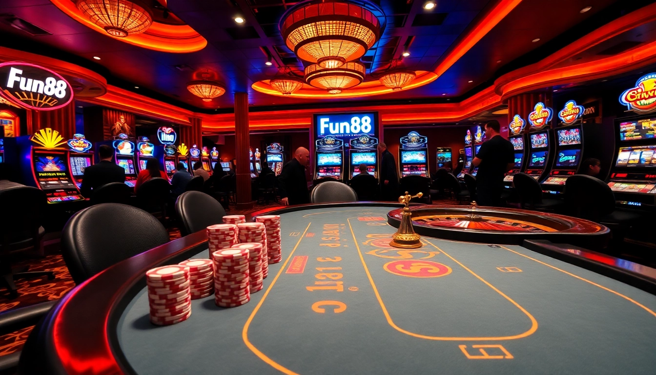 Experience thrilling gameplay at Fun88 แท้'s vibrant casino with poker chips and roulette wheel.