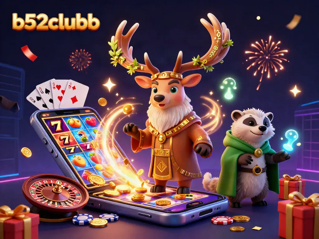 Engage with the magical world of b52clubb in this vibrant casino-themed illustration.