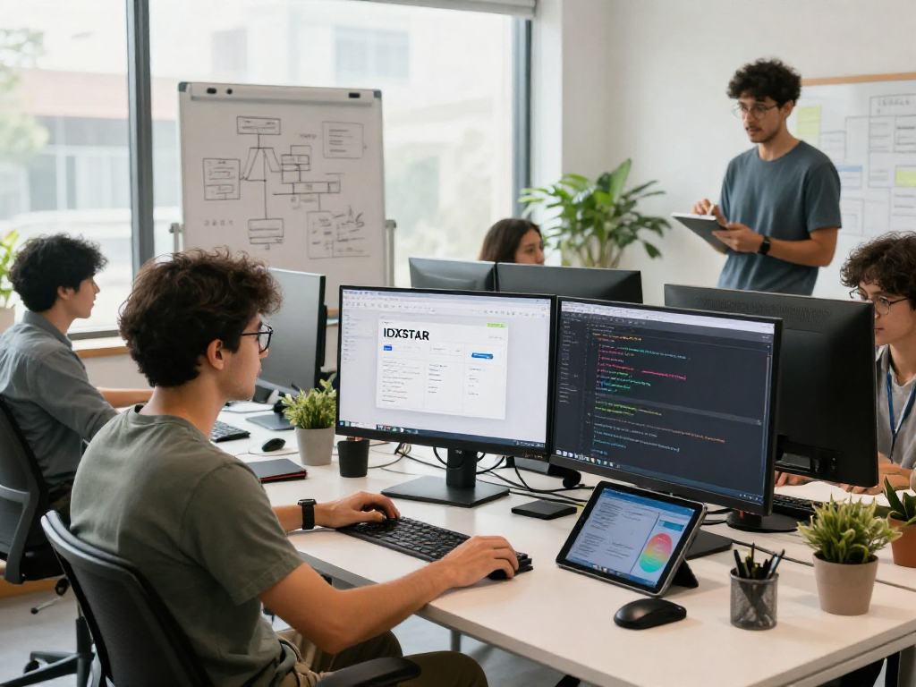 Collaboration in tech workspace with IDXSTAR app displayed on monitors, showcasing innovative development process.