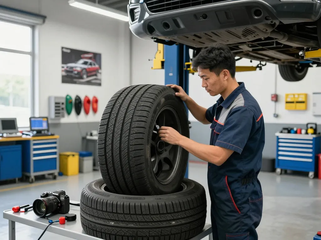 Inspecting a Double Coin RR99 tire in a professional automotive workshop setting.