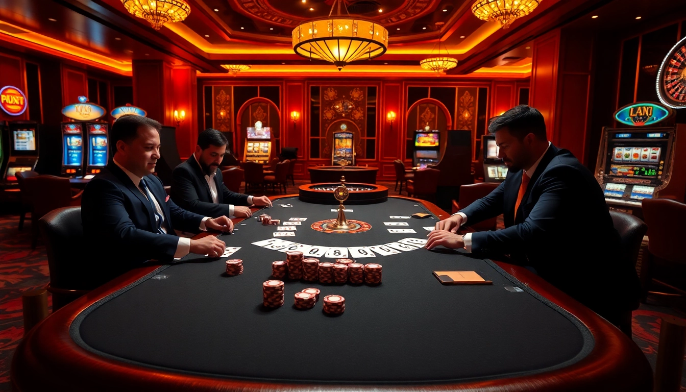 Skilled players strategizing at a poker table in an upscale casino with thabet.baby branding.