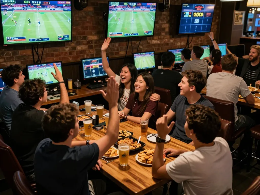 Excited bettors at a lively sports bar celebrating wins while using the 88clbgo betting app on their smartphones.