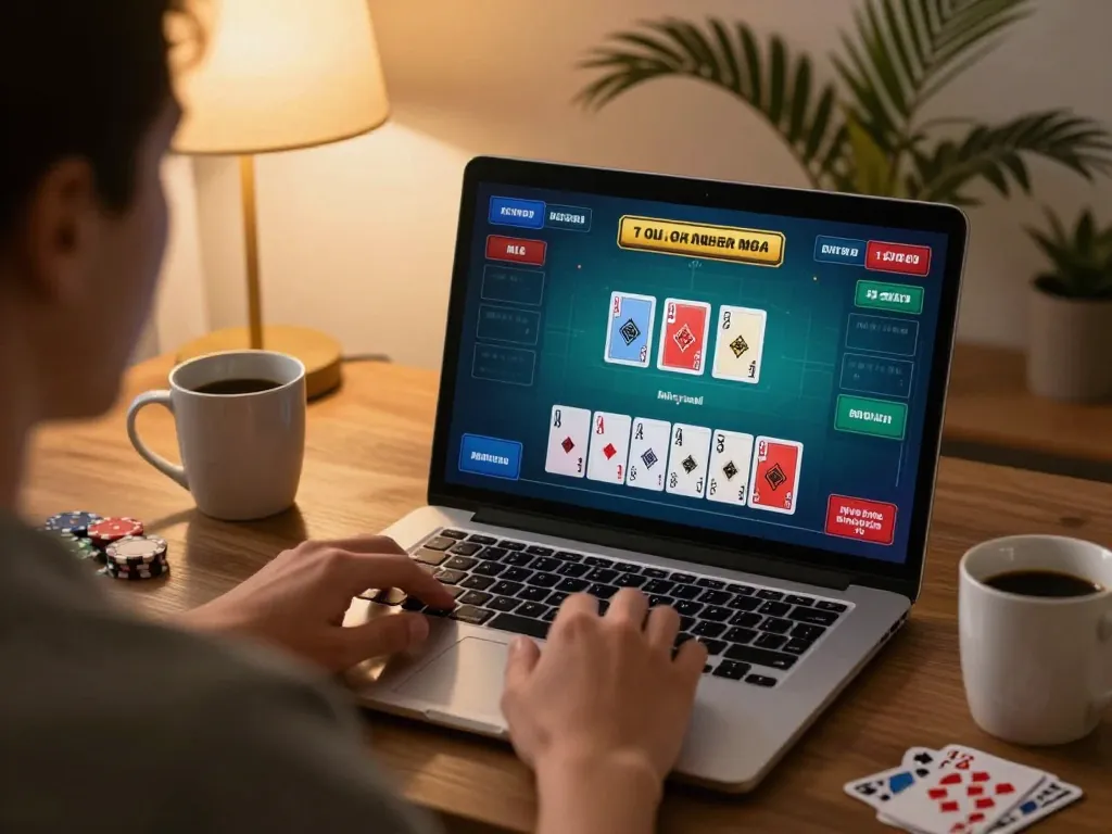 Engaging gameplay at qq88pro online casino, player focused on blackjack cards in warm home setting