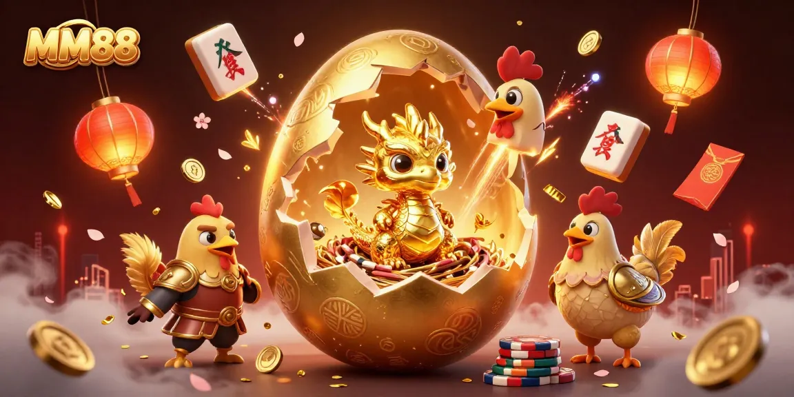Win big with MM88 as a golden baby dragon guards poker chips and festive casino elements.