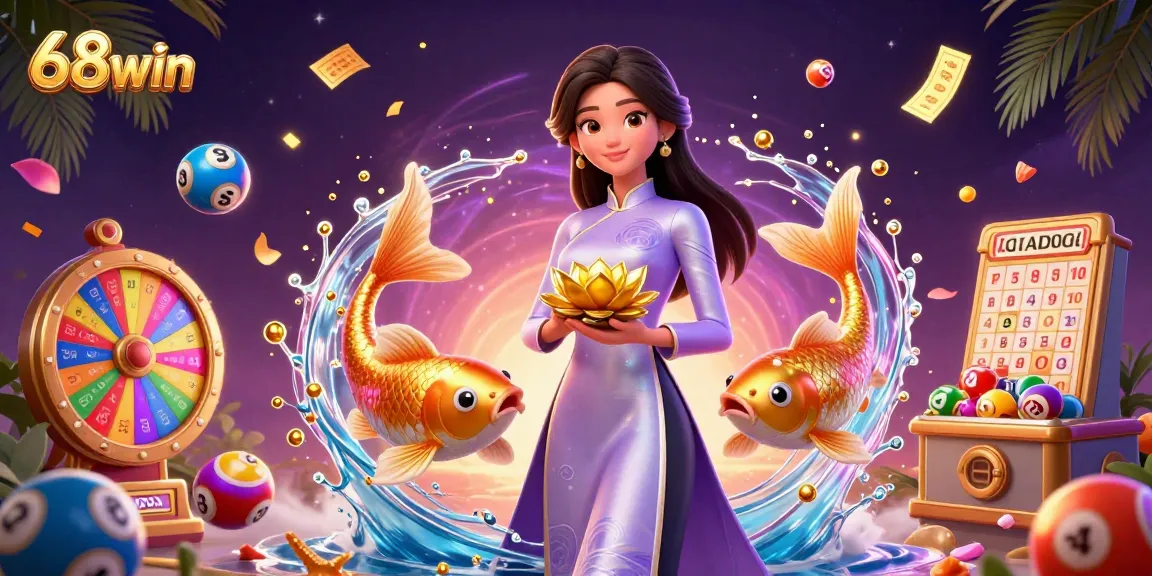 Experience the excitement of 68win with vibrant lottery balls and a stunning Asian woman in a captivating 3D casino scene.