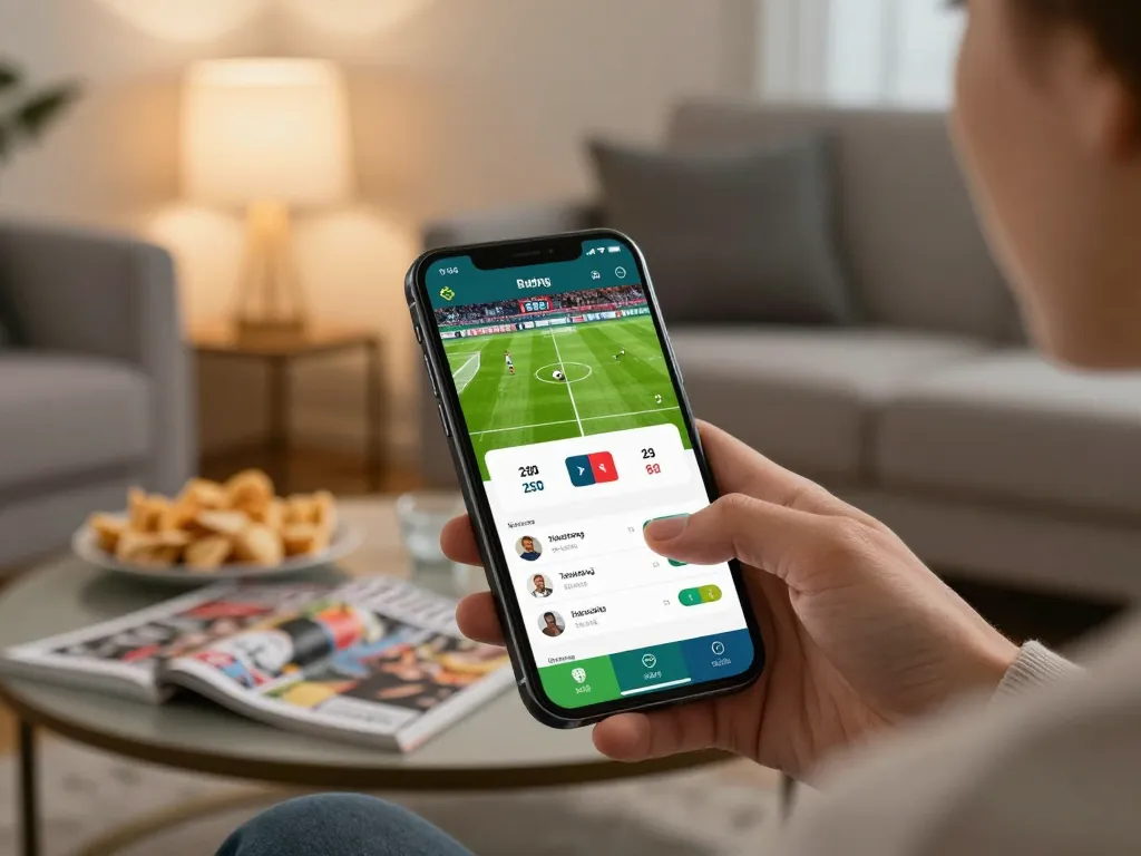Engaging user betting on live football matches via Nhà cái SKY88 app on smartphone in a cozy setting.