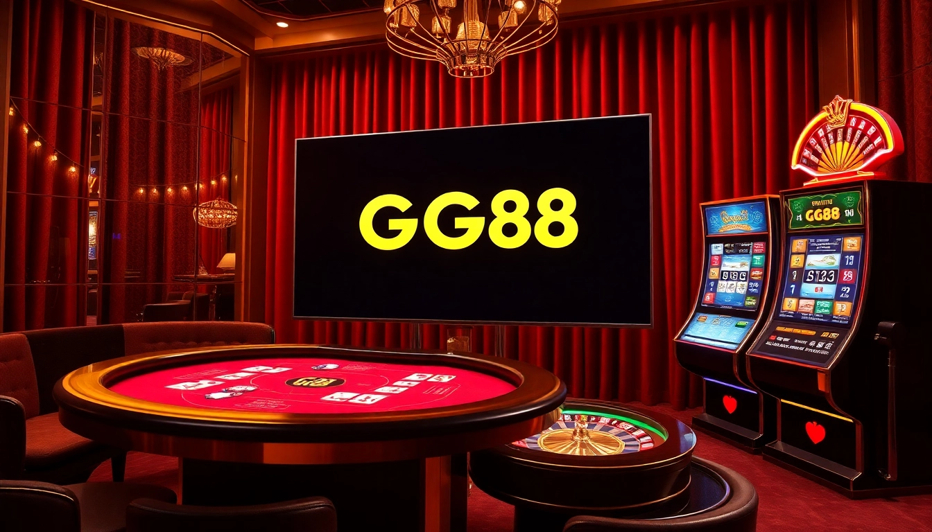Engaging scene showcasing online gambling elements with the link gg88 logo, poker chips, and roulette wheel.