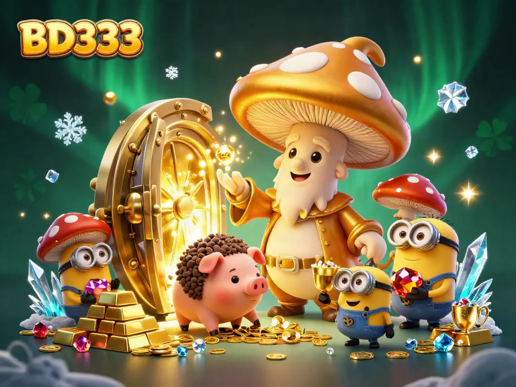 BD333's vibrant casino-themed 3D illustration showcases dynamic golden magic, treasure vaults, and exciting game elements.