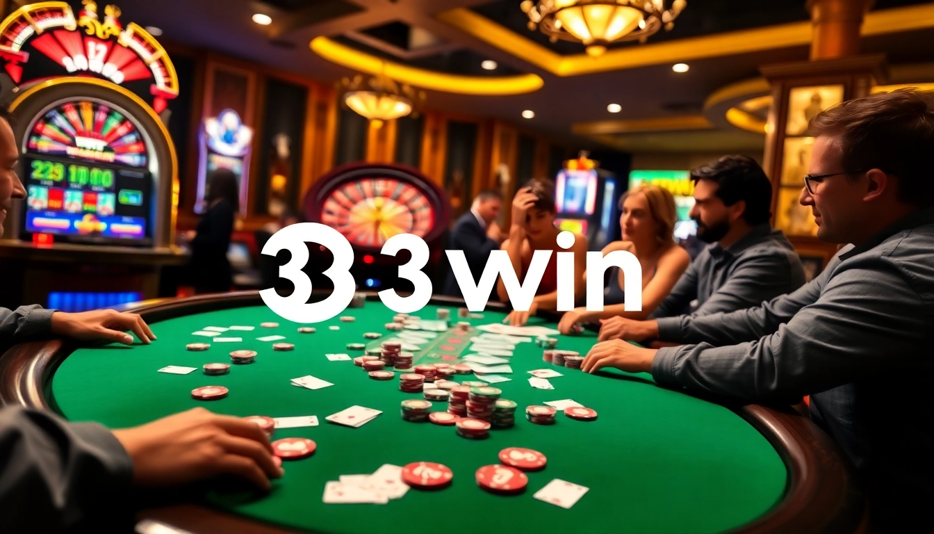 Experience thrilling poker action at 33win with vibrant chips and cards on a luxury table.
