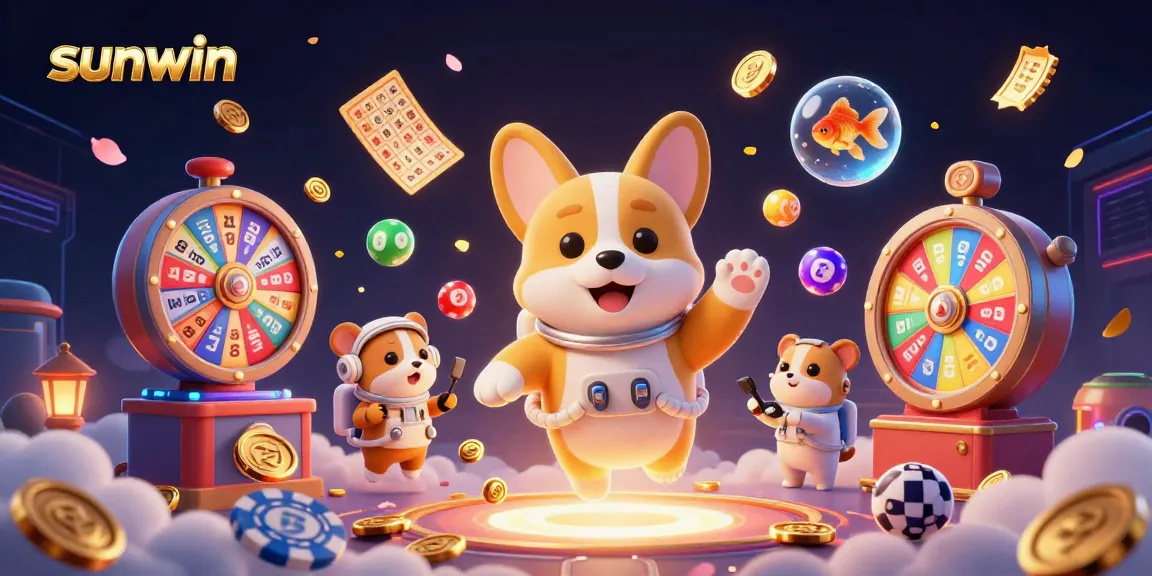 Experience sunwin’s vibrant gaming atmosphere with a playful cartoon scene full of drifting coins and lottery excitement.