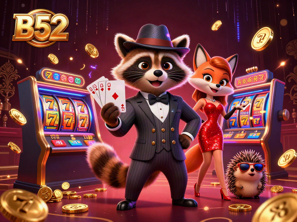 Gaming B52 strategies illustrated with a raccoon, fox, and hedgehog in a vibrant casino scene.