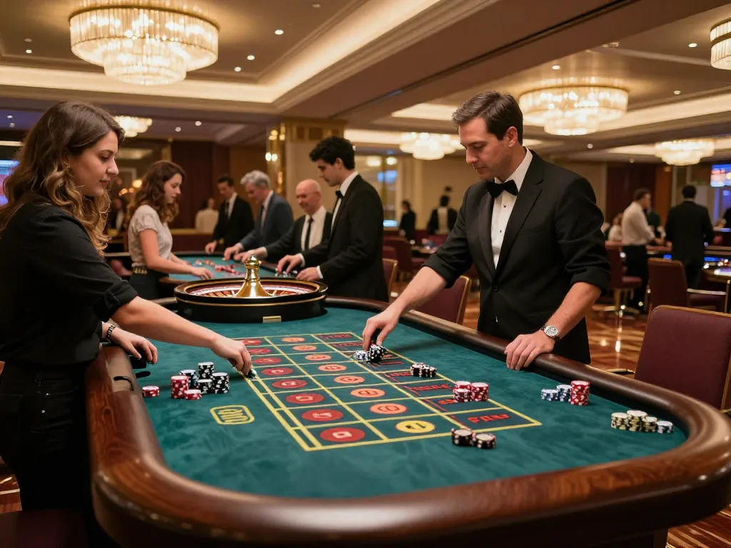 Players enthusiastically placing bets at the roulette table, experiencing the thrills of okfun gaming.