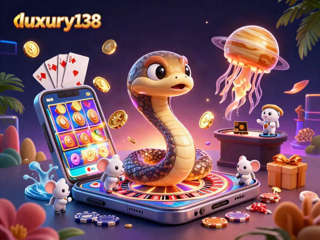 Engage with luxury138's dynamic gaming universe featuring playful characters and vibrant casino elements.