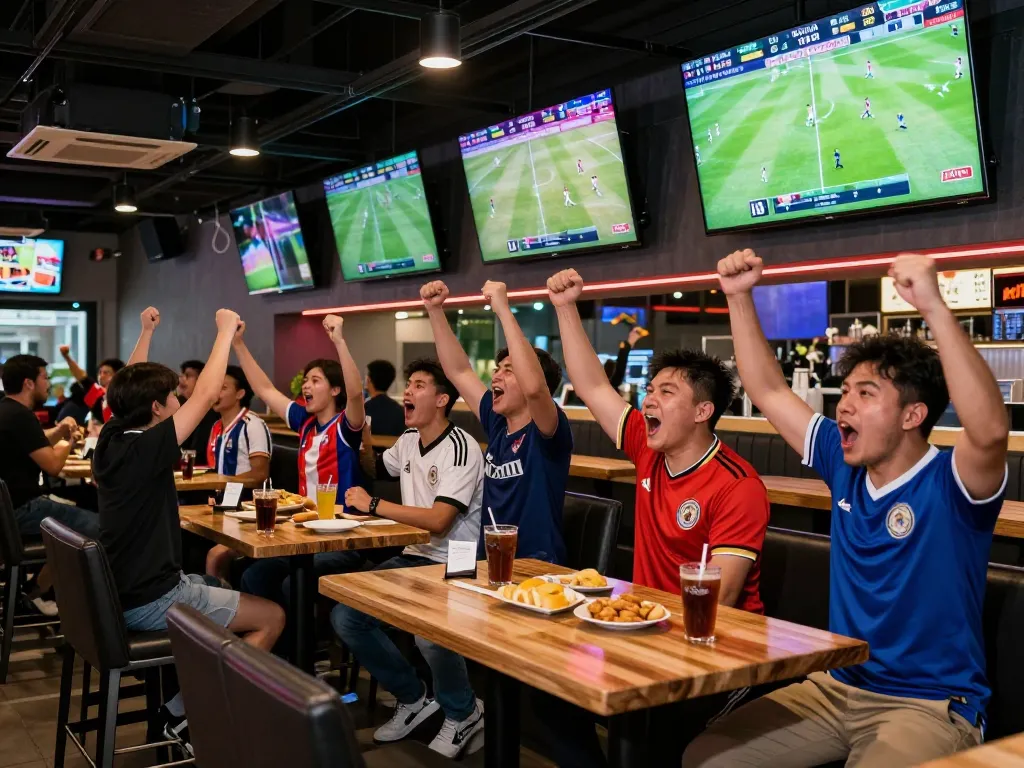 Fans celebrating while watching ดูบอล in a lively sports bar during a live match.