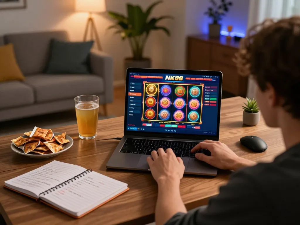NK88 user engaged in thrilling online gaming experience with vibrant slot game display.