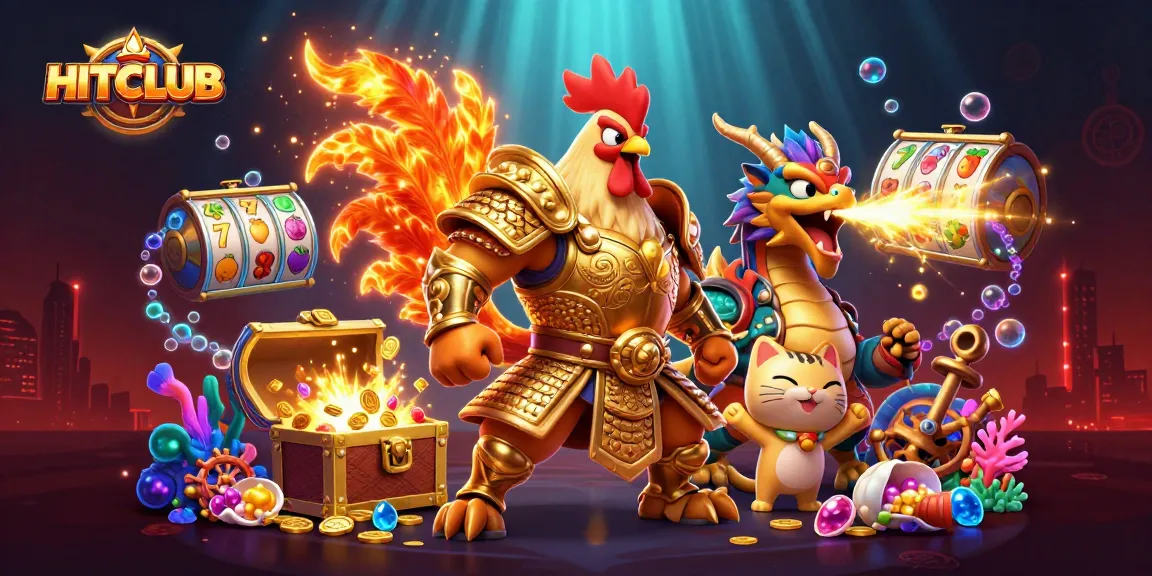 Engage with HITCLUB's immersive 3D casino illustration featuring vibrant characters and dynamic slot elements.