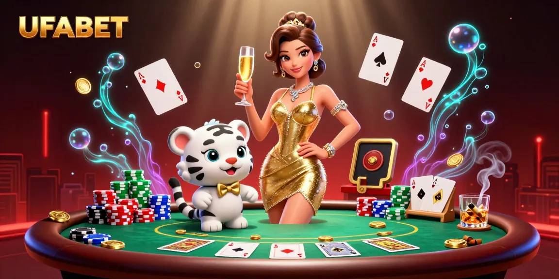 Experience the excitement of UFABET online gaming with a glamorous casino scene featuring a stylish woman and a lucky tiger.