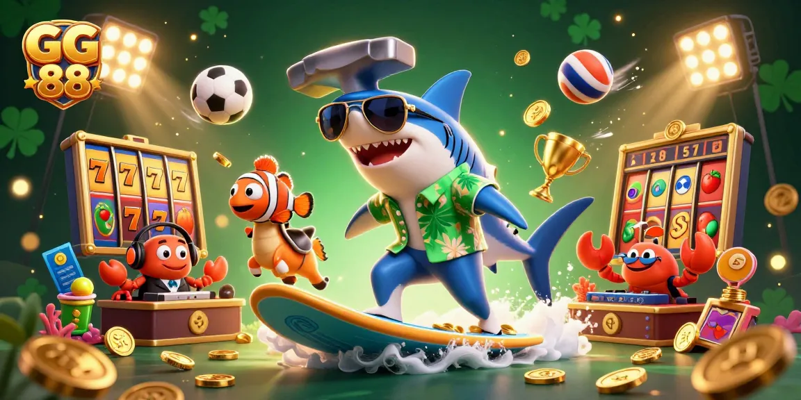 Experience the thrill of GG 88 with lively 3D characters surfing on gold coins amidst vibrant gaming elements.