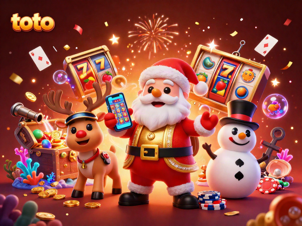 Spin to win with toto as Santa, a reindeer dealer, and a poker chip snowman celebrate in vibrant casino!
