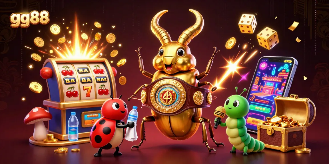 Experience the excitement of gg88 with a vibrant illustration featuring a triumphant beetle and dynamic gambling elements.