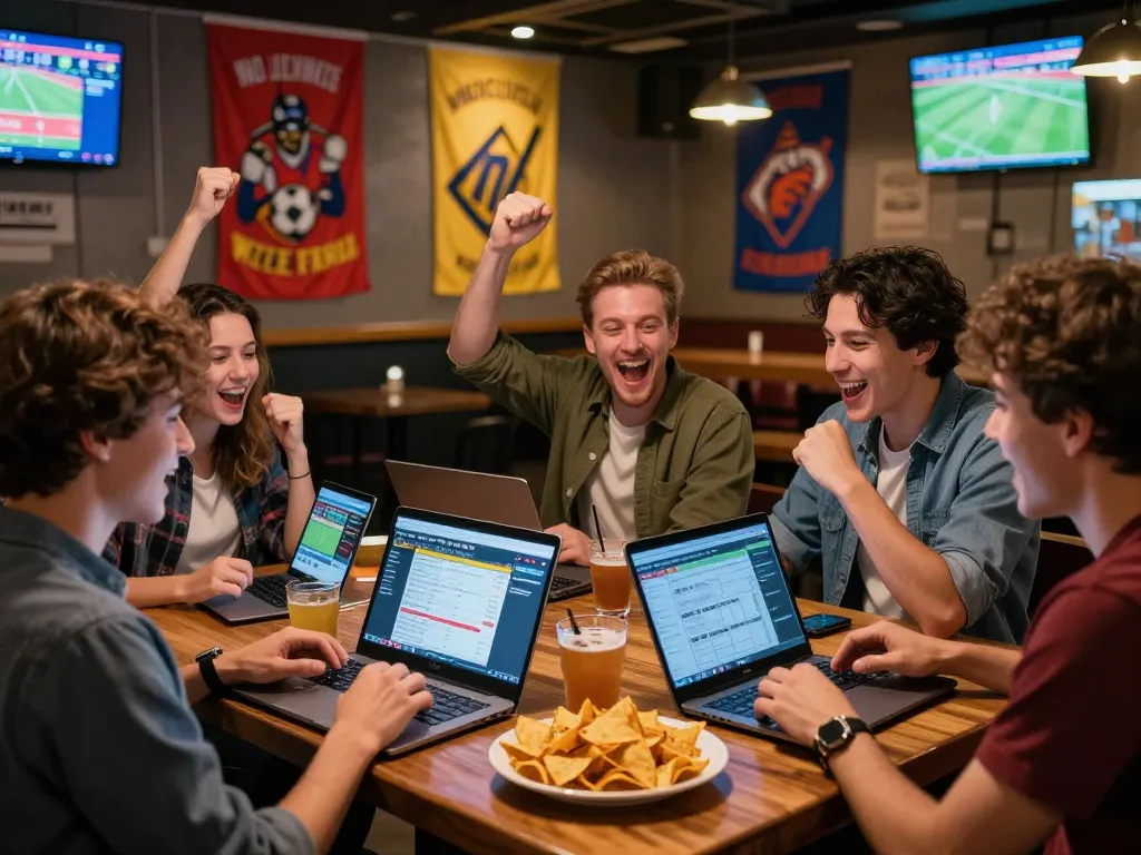 Friends engaging in sports betting at a bar, checking tỷ lệ kèo nhà cái hôm nay.