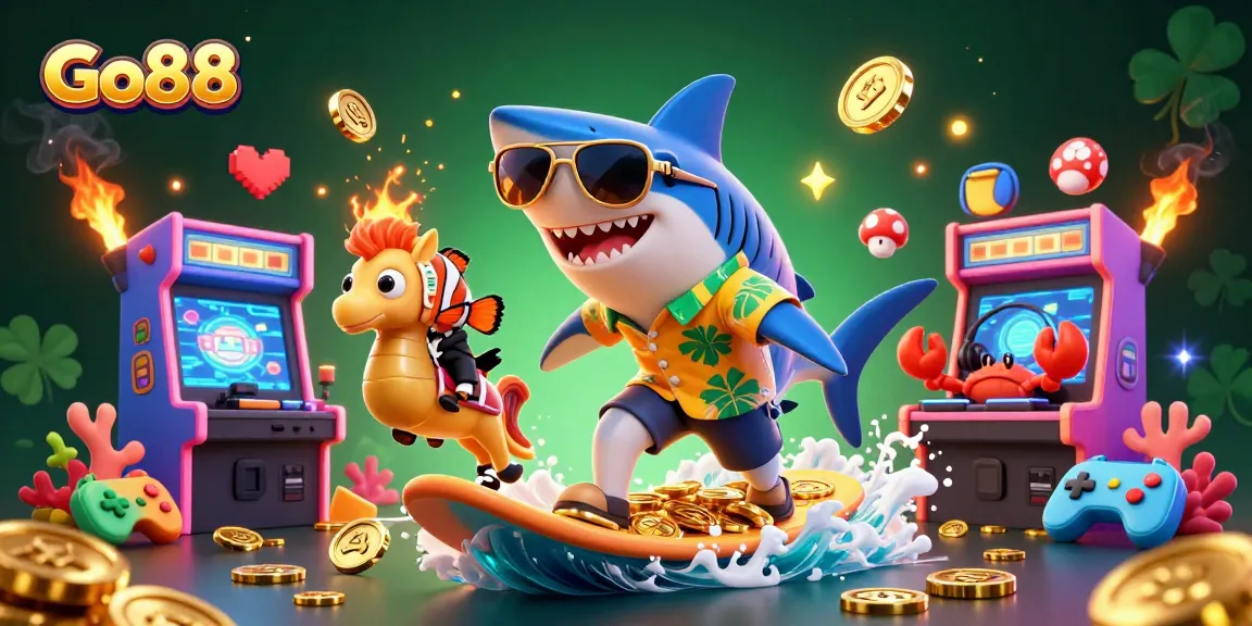 Engage in thrilling gameplay at Go88 with a vibrant casino-themed illustration featuring dynamic characters.