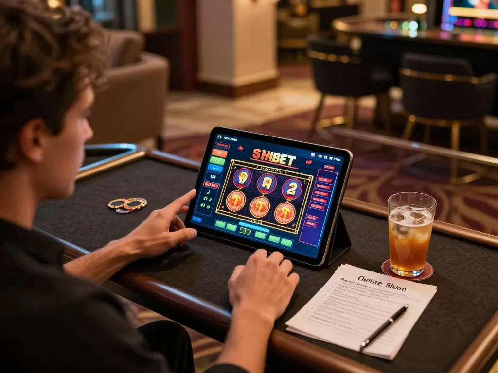 Engaged player using SHBET app on tablet for strategic online gambling in cozy atmosphere.