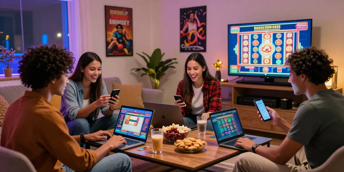 Excited friends enjoying online gaming at credit card casinos at https://transact.org.uk, showcasing a lively home atmosphere.