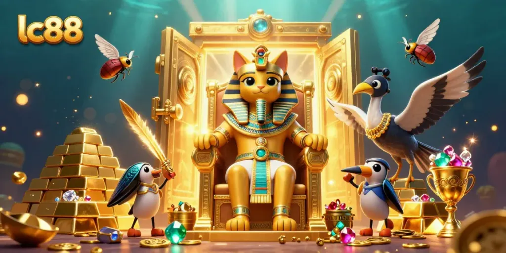 Experience the vibrant lc88 online casino with a pharaoh cat and golden treasures in a dynamic scene.