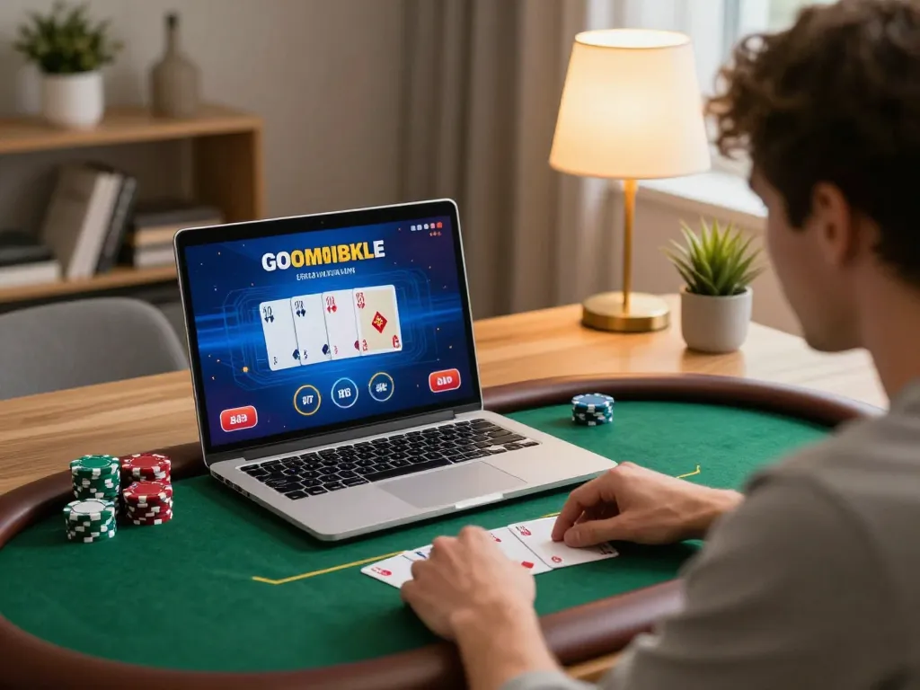Engaged player immersed in online poker gameplay on Go88 platform, showcasing strategic betting and vibrant interface.