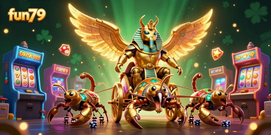 Engage with fun79's thrilling casino experience featuring a golden scarab and scorpion chariot action.