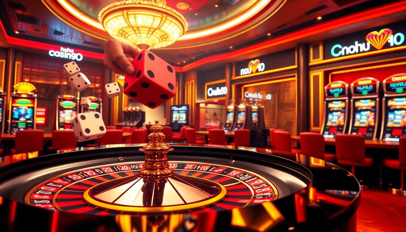 Nohu 90 - gamblers engaged with vibrant slot machines and a thrilling roulette table