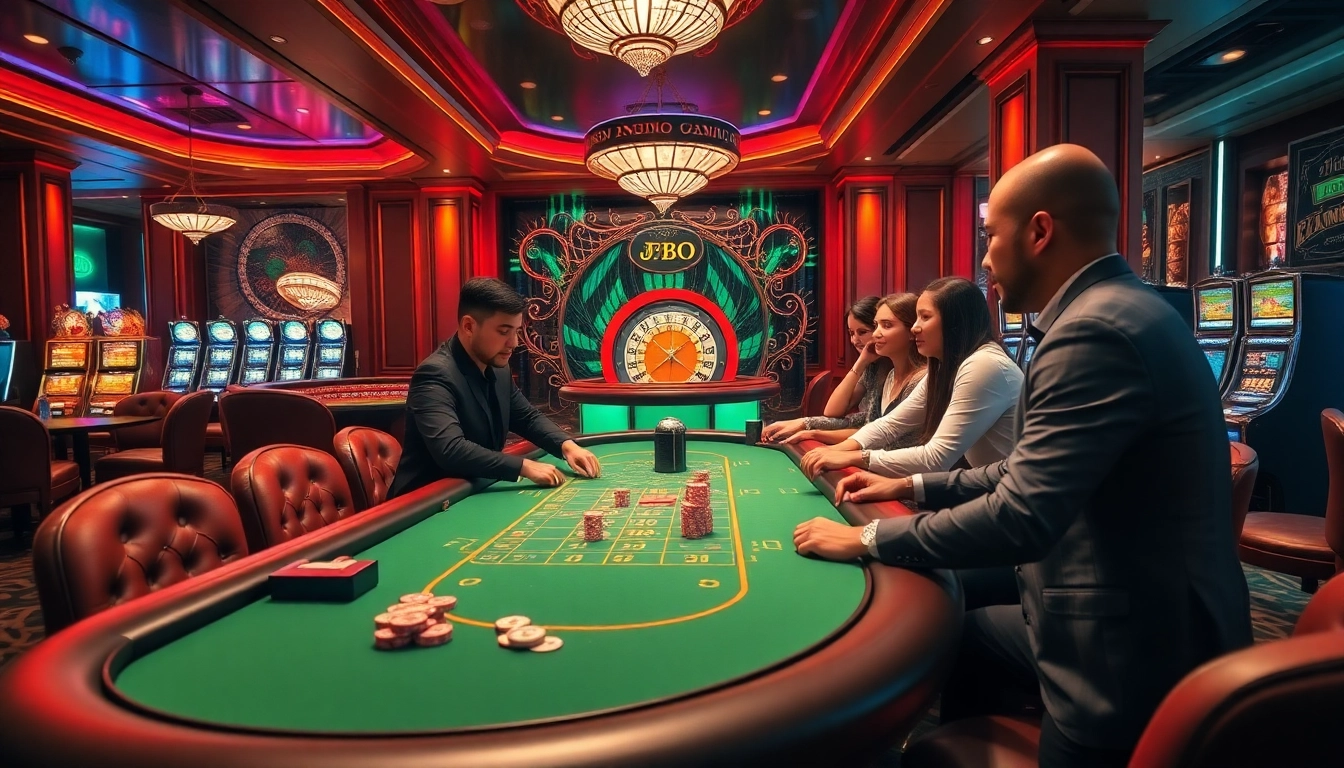 A dynamic JBO casino scene with players engaged at a luxurious gaming table, showcasing excitement and strategy.