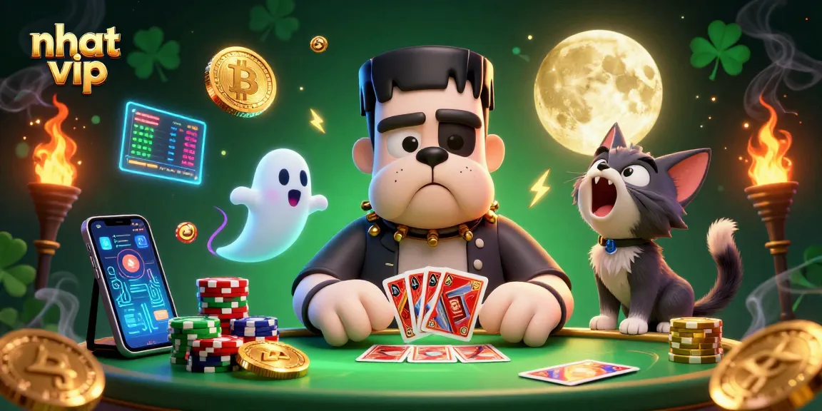 Nhat vip casino scene with a Frankenstein bulldog monster dealing cards at a ghostly table