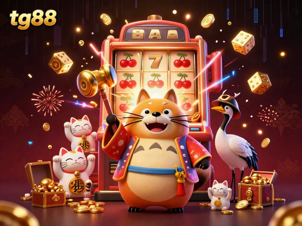 Experience the thrill of tg88 as a cheerful tanuki hits the jackpot amidst vibrant casino elements.