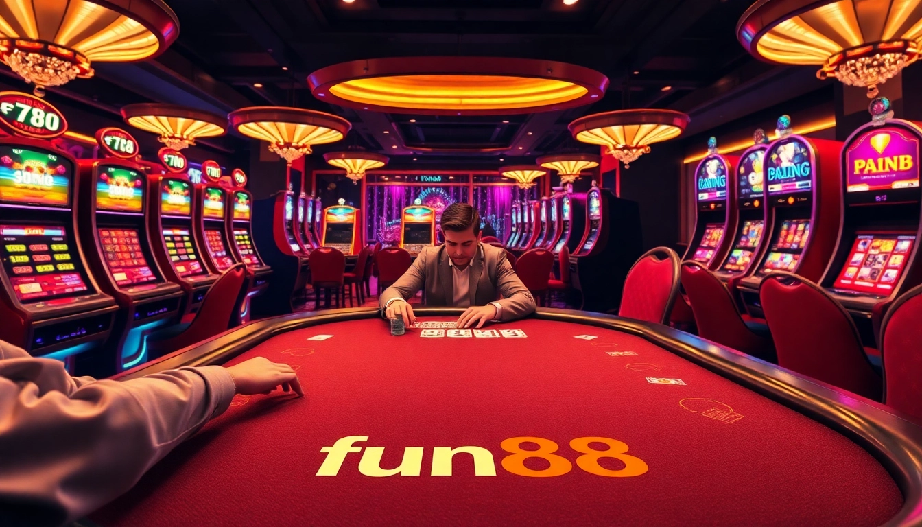 Experience fun88's exciting casino atmosphere with professional poker and vibrant slot machines.