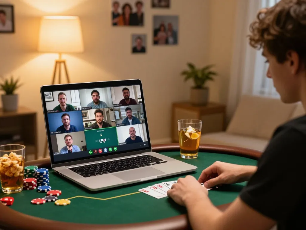 Join an intense online poker session at kong88, featuring players strategizing around a laptop filled with action.