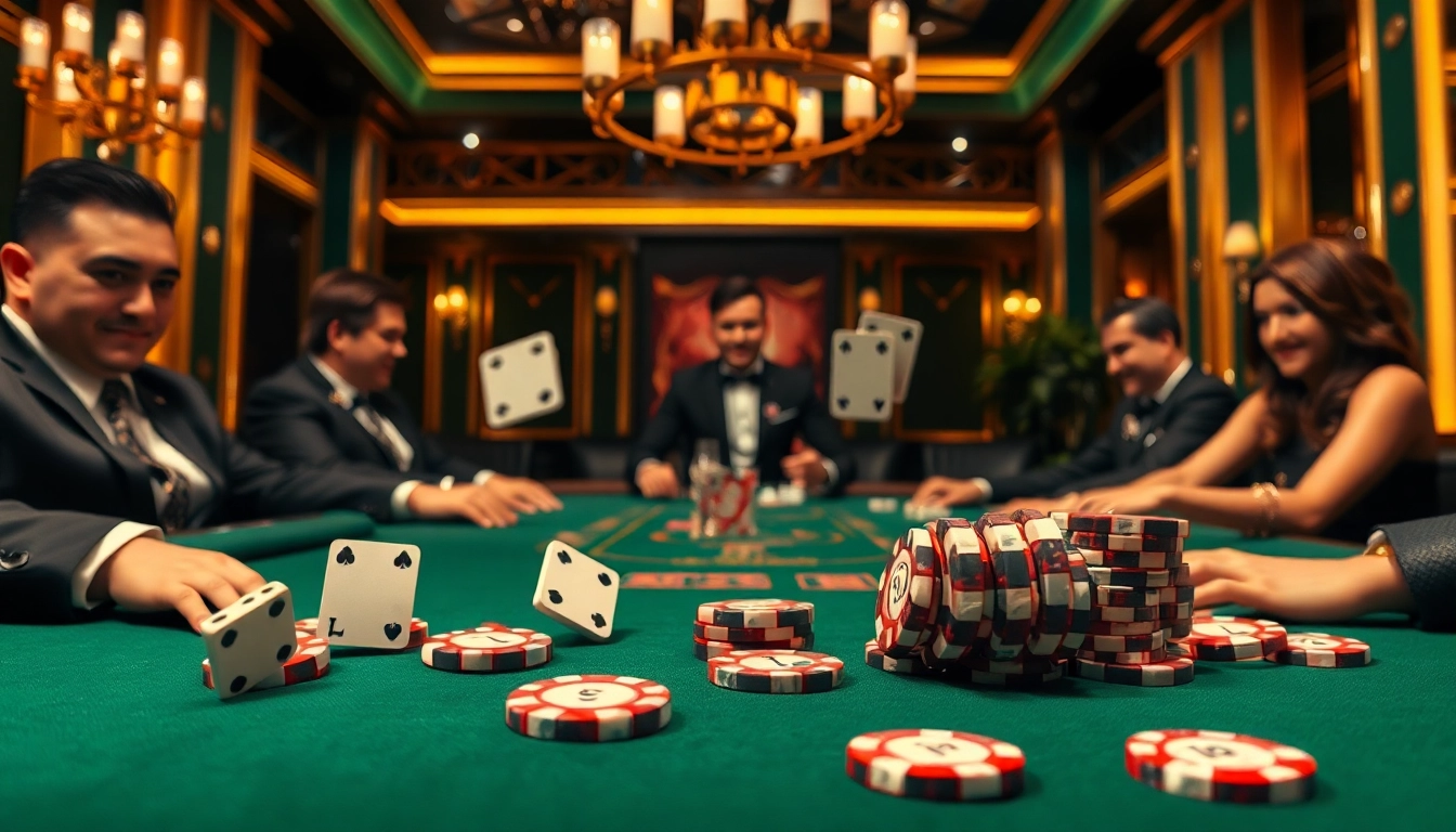 Join the excitement at ALo789 with players at a luxurious poker table in a vibrant casino.