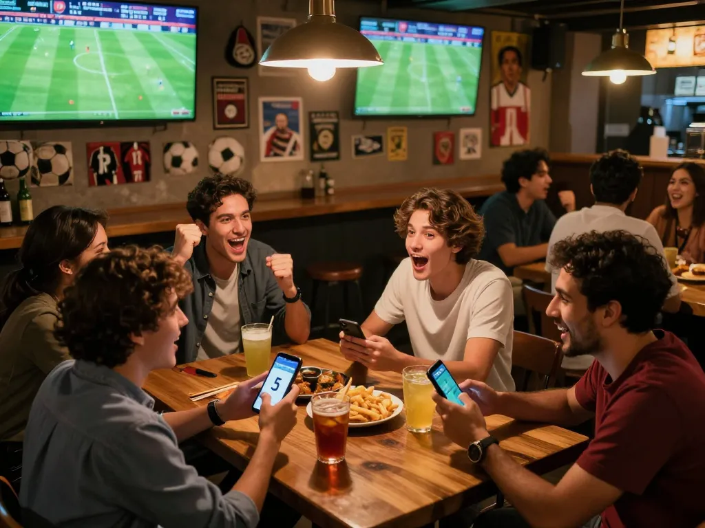 Friends celebrating while checking kèo nhà cái 5 on their phones during a live soccer match at a sports bar