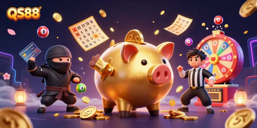 Experience intense action with QS88 in this vibrant casino scene featuring playful characters.