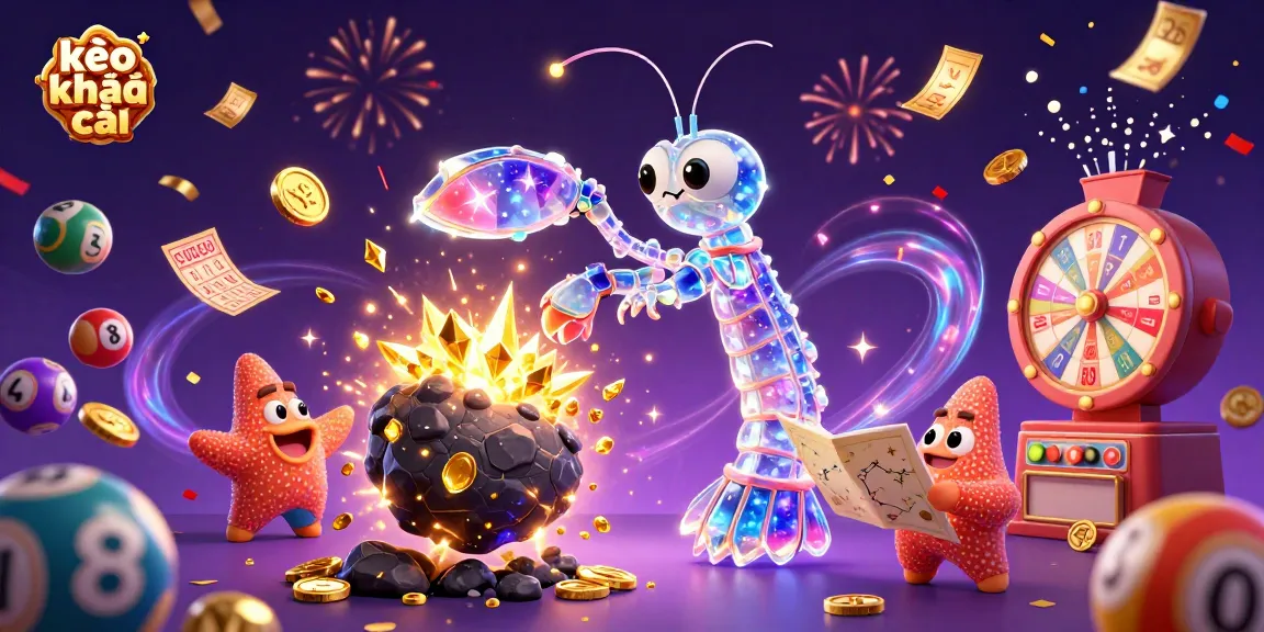 Engage with kèo nhà cái through an energetic scene featuring a mantis shrimp and starfish amidst dynamic lottery elements.