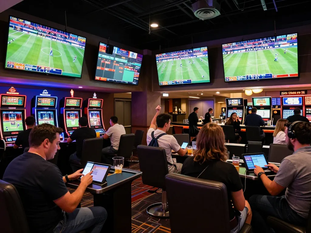 Cheering patrons engaging in sports betting at DH88's modern casino lounge.