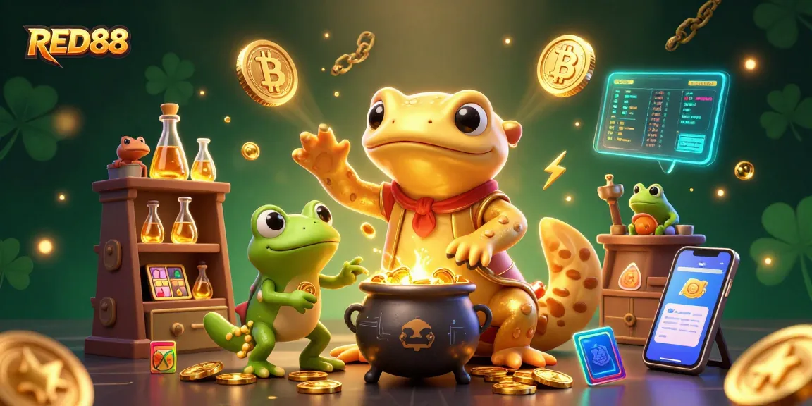Engage in exciting gameplay at RED88 casino with vibrant slot reels and golden alchemy in a magical scene.