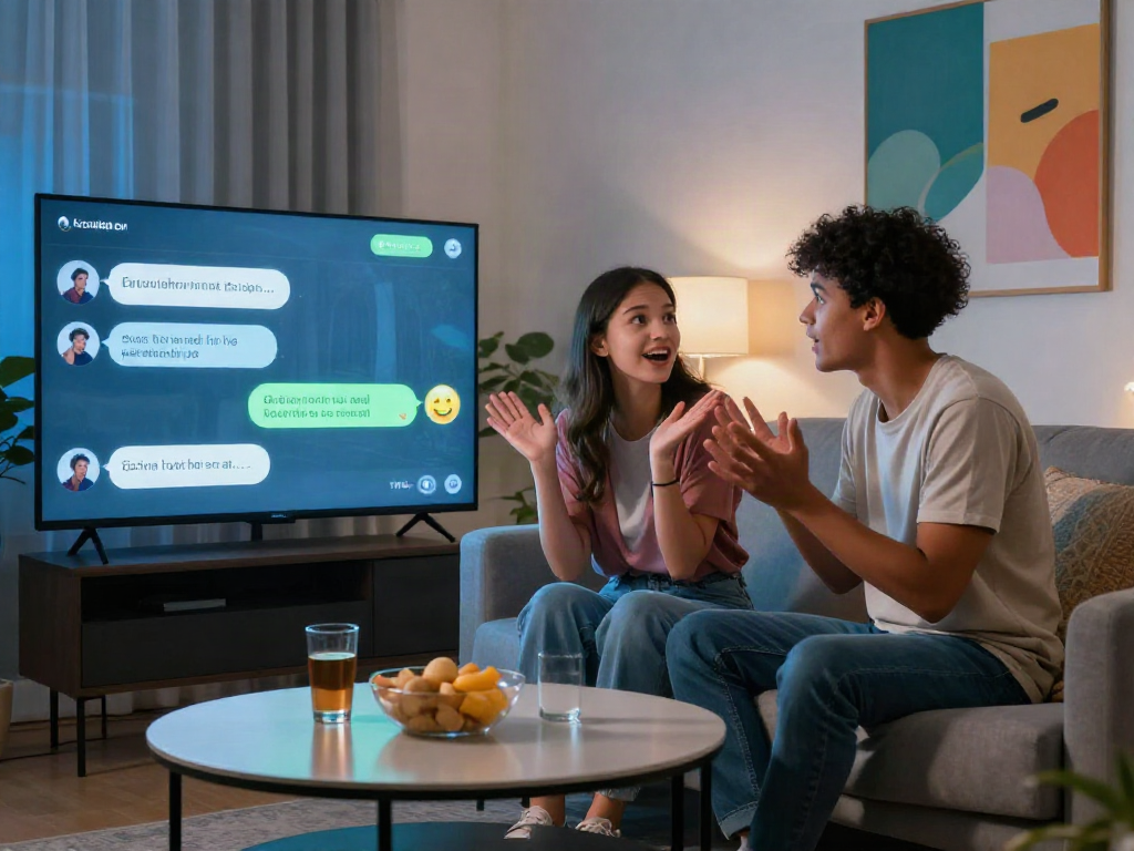A couple engaged in ai chat porn with virtual avatars, showcasing modern interaction in a cozy living room.