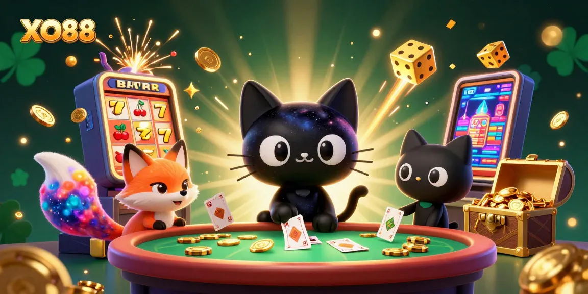 Win big with XO88 at a cosmic casino featuring a black hole cat and colorful fox.