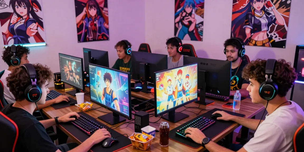 Adult gamers enjoying immersive hentai games in a vibrant gaming room filled with anime decor.